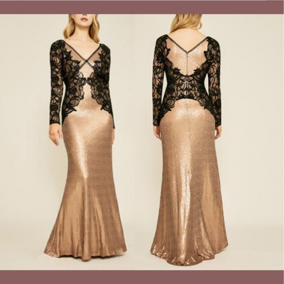 NEW $668 Tadashi Shoji Vulcan Lace Sequin Long Sleeve Gown Copper [SZ‎ 16 ] - Picture 13 of 13
